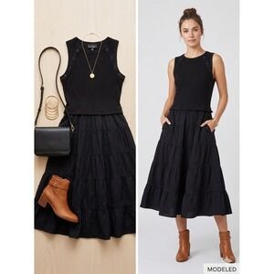 Nicole Miller New York Black Tiered Midi Dress Sleeveless Button Detail Pocket